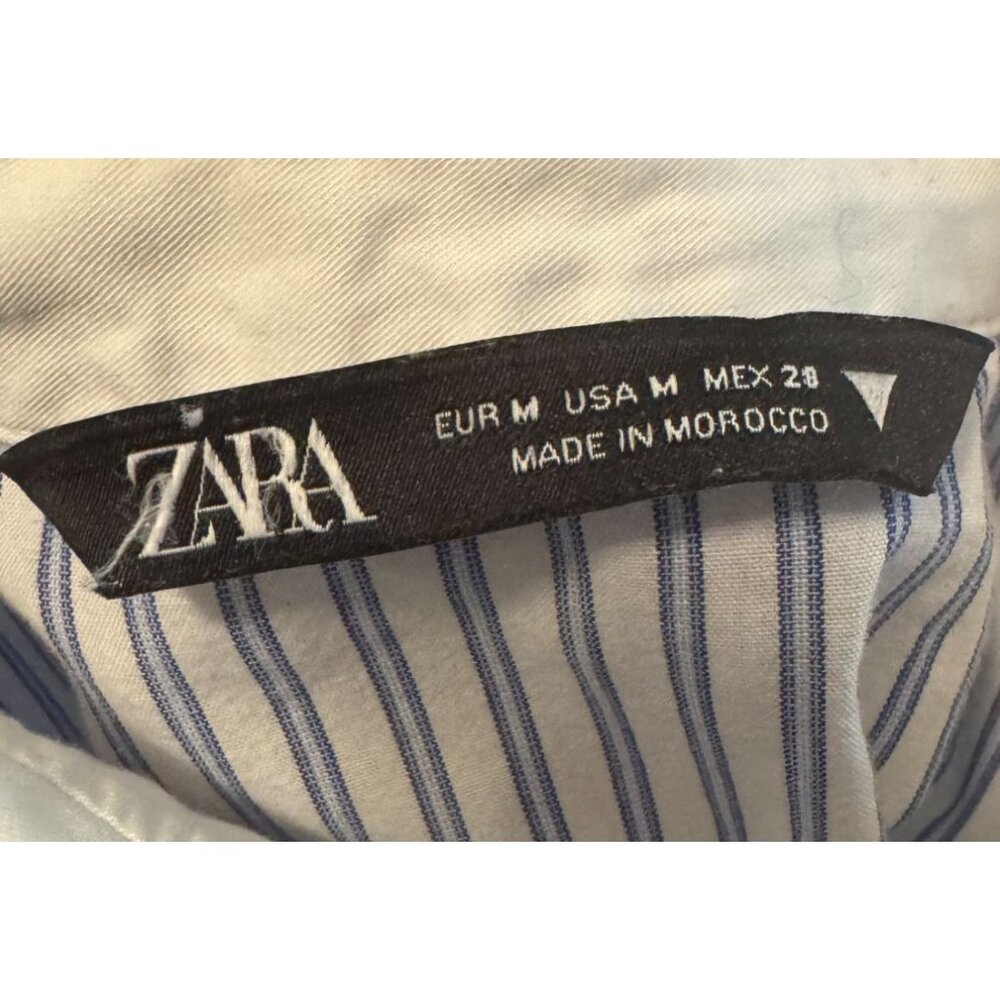 2/$30 ZARA M Cropped Blue & White Striped Cotton Button-Up Shirt Collared Neck - Picture 4 of 12